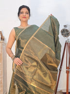Maheshwari Tissue Silk Cotton Saree with Zari Striped Pallu - Sage Green