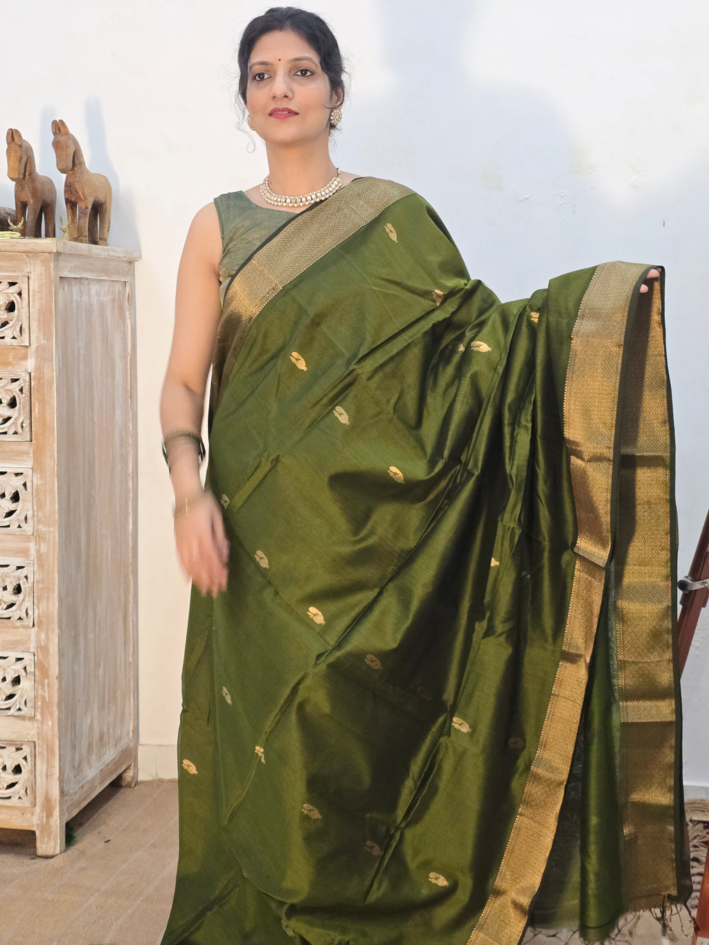 Olive Handwoven Maheshwari Saree with Peacock Zari Motifs