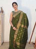 Olive Handwoven Maheshwari Saree with Peacock Zari Motifs