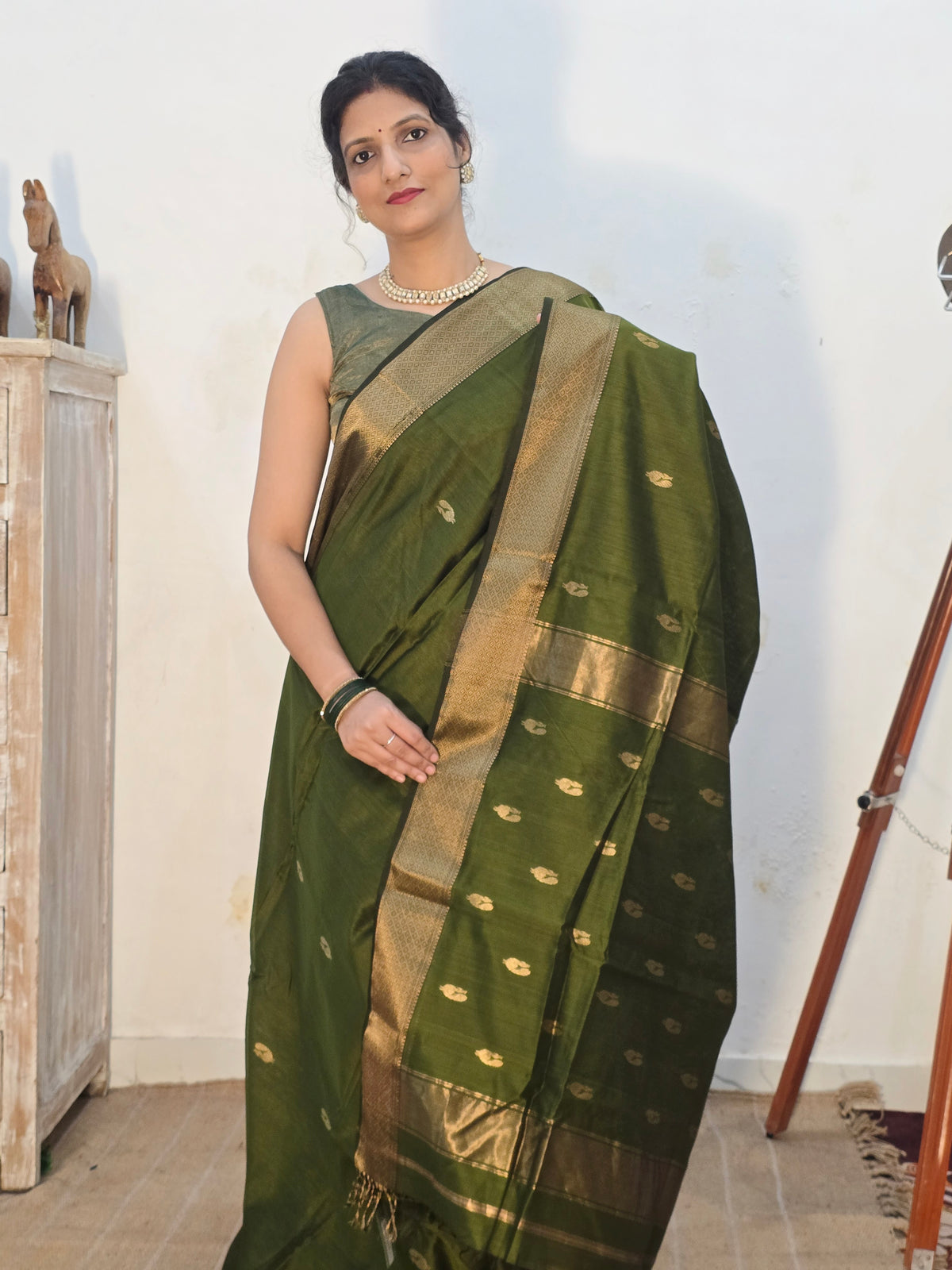 Olive Handwoven Maheshwari Saree with Peacock Zari Motifs