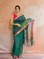 Handwoven Maheshwari Saree - Multi shaded Green