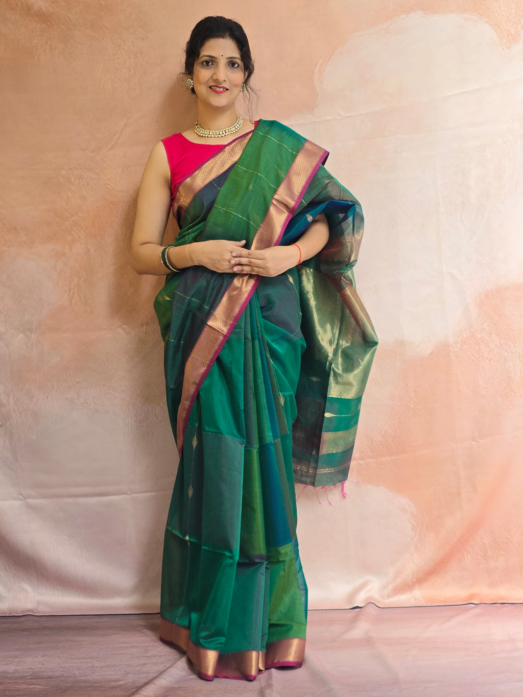 Handwoven Maheshwari Saree - Multi shaded Green