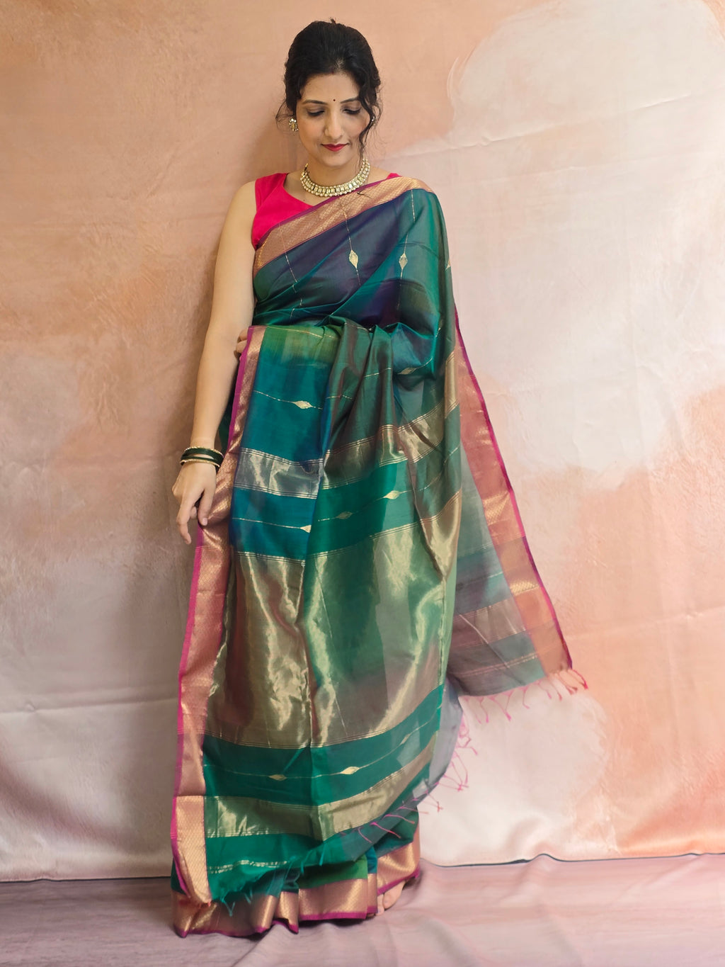 Handwoven Maheshwari Saree - Multi shaded Green