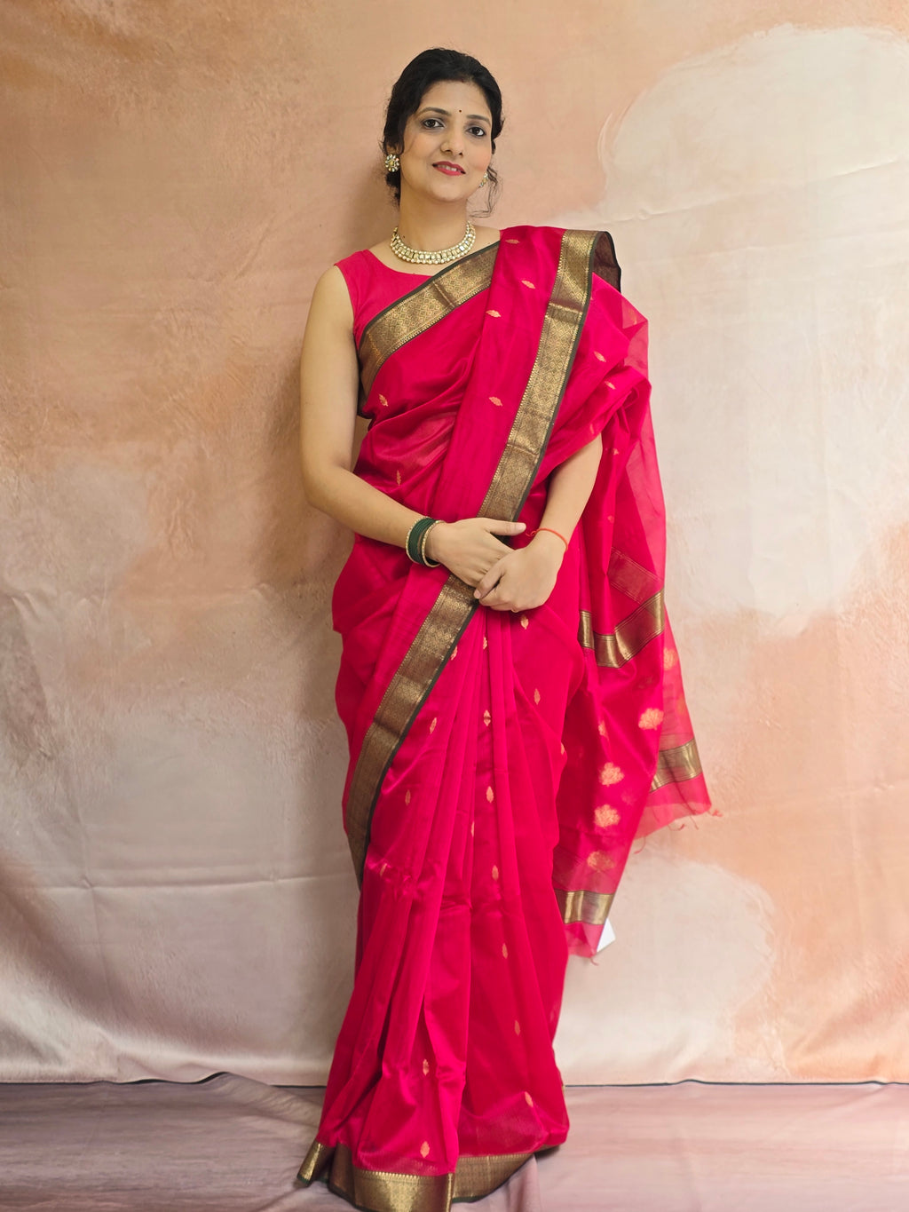 Handwoven Chanderi Silk Cotton Saree - Reddish Pink