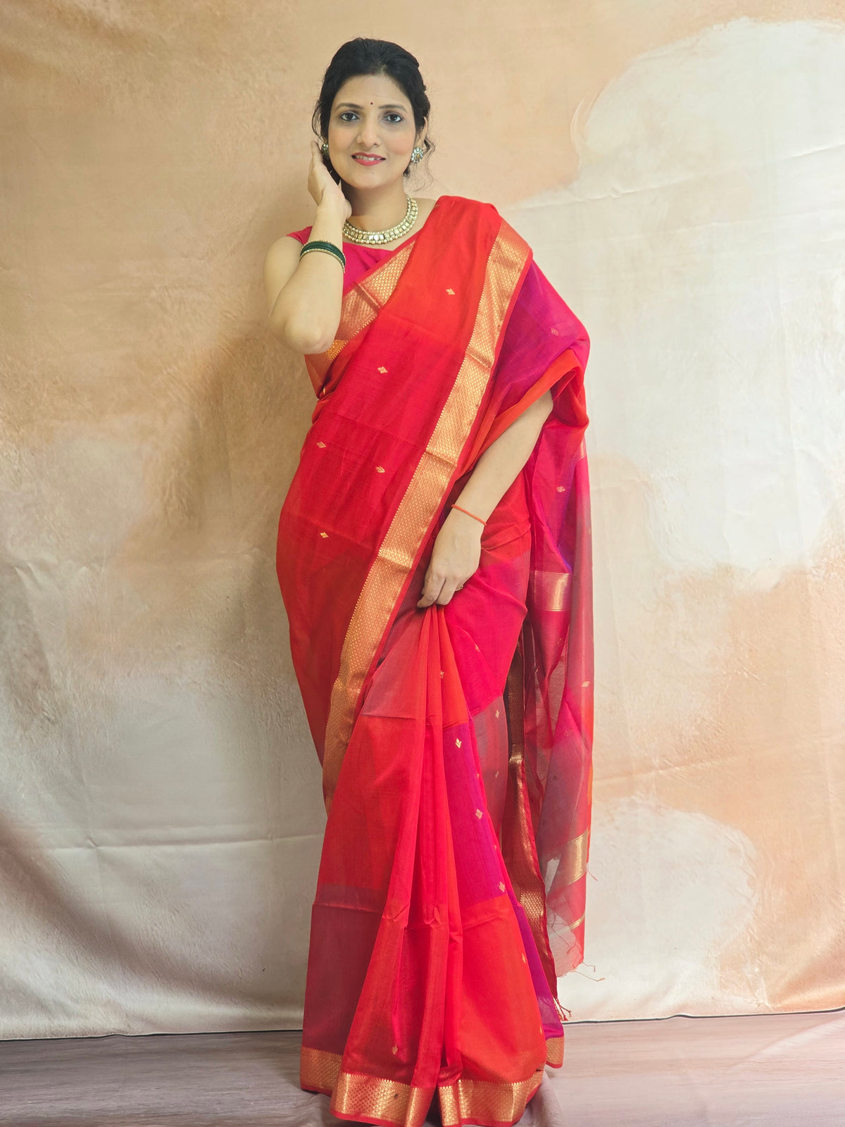 Pure Handwoven Maheshwari Multi Shade Saree with Diya Motifs and Zari border - Red