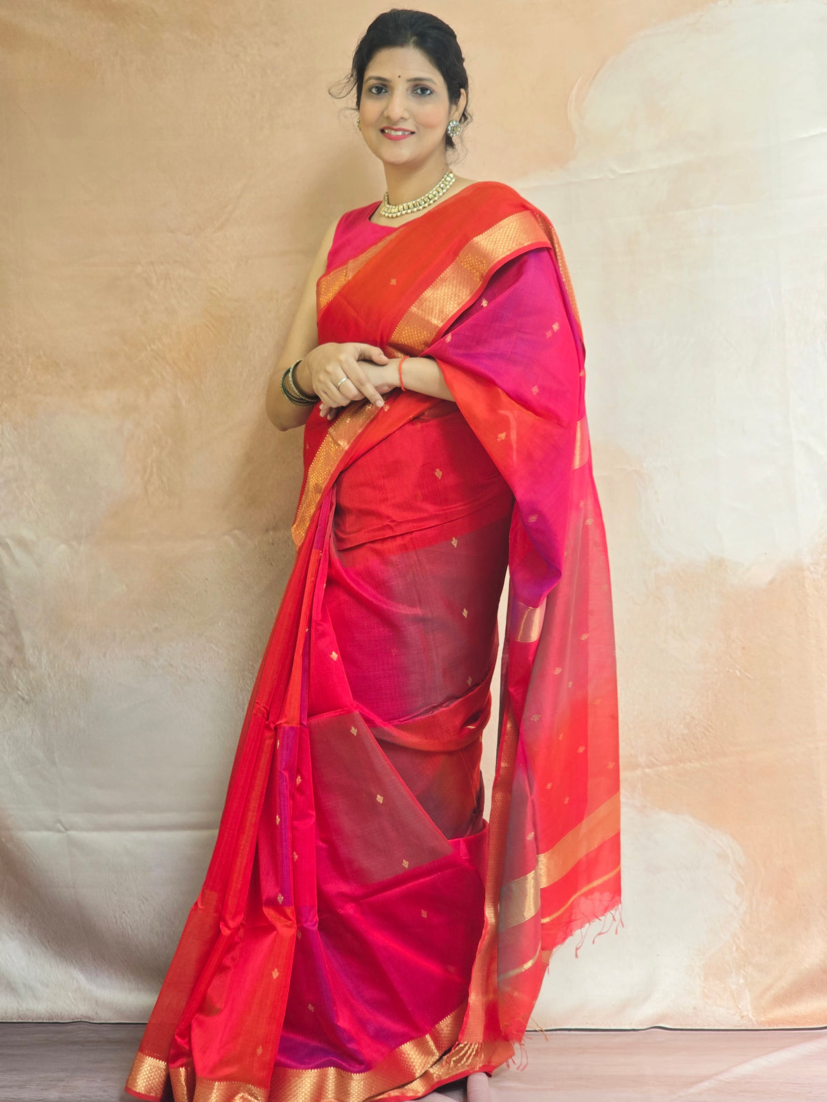 Pure Handwoven Maheshwari Multi Shade Saree with Diya Motifs and Zari border - Red