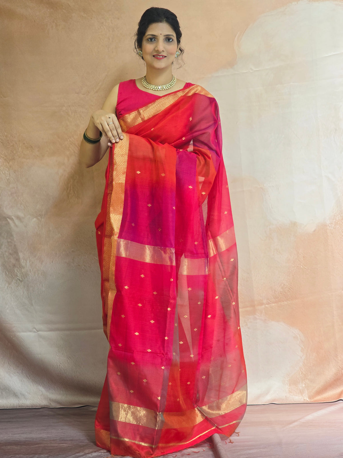 Pure Handwoven Maheshwari Multi Shade Saree with Diya Motifs and Zari border - Red