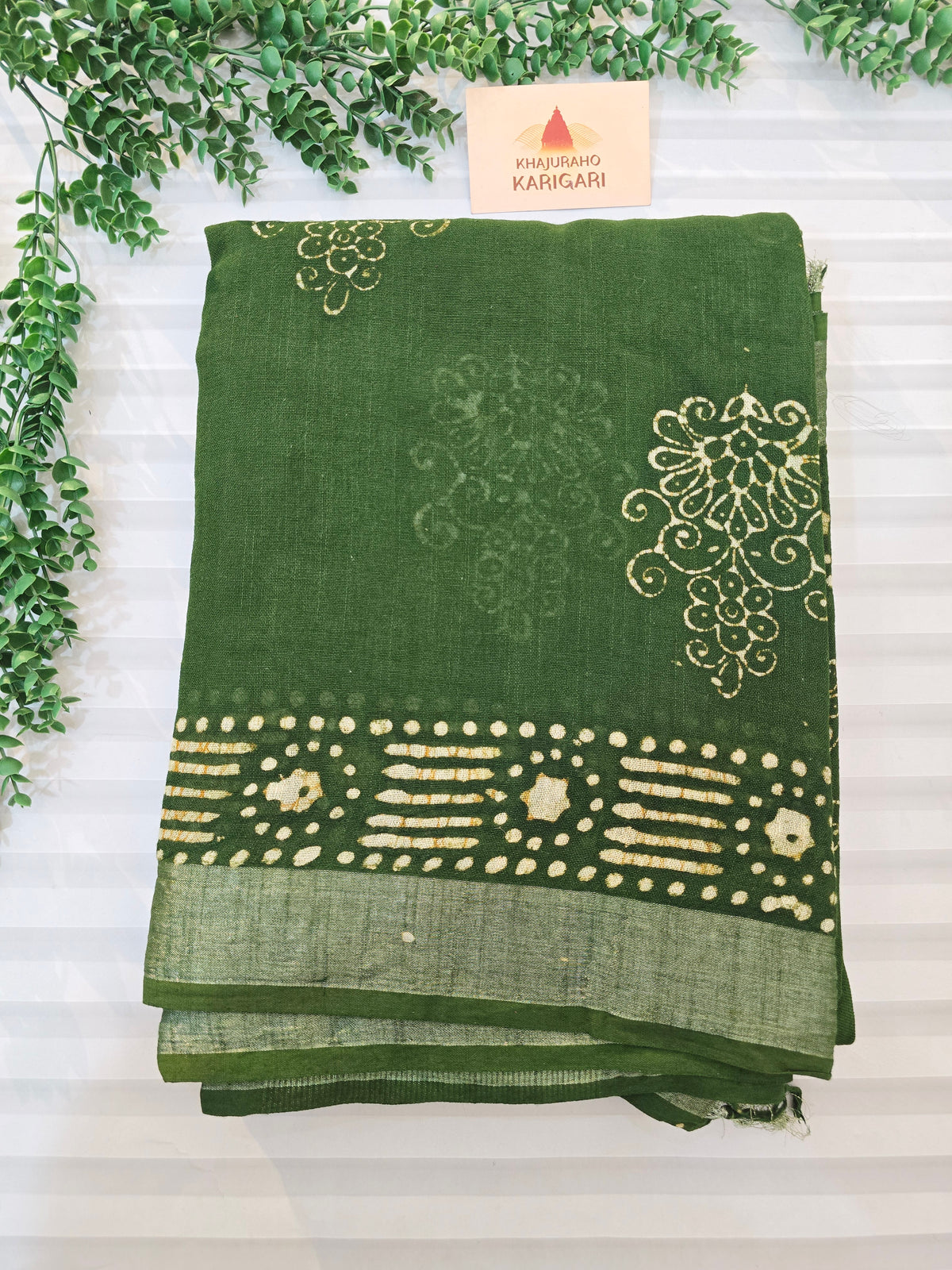 Handblock Batik Linen Saree - Handcrafted Linen Saree with Hand Block Hot Wax Batik - Green