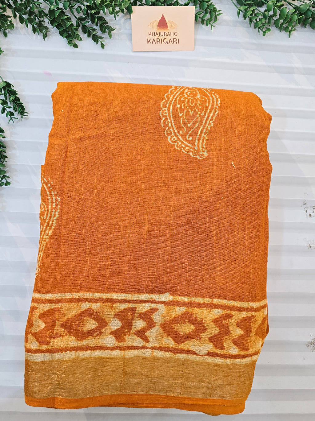 Handcrafted Linen Saree with Hand Block Hot Wax Batik - Mustard Yellow