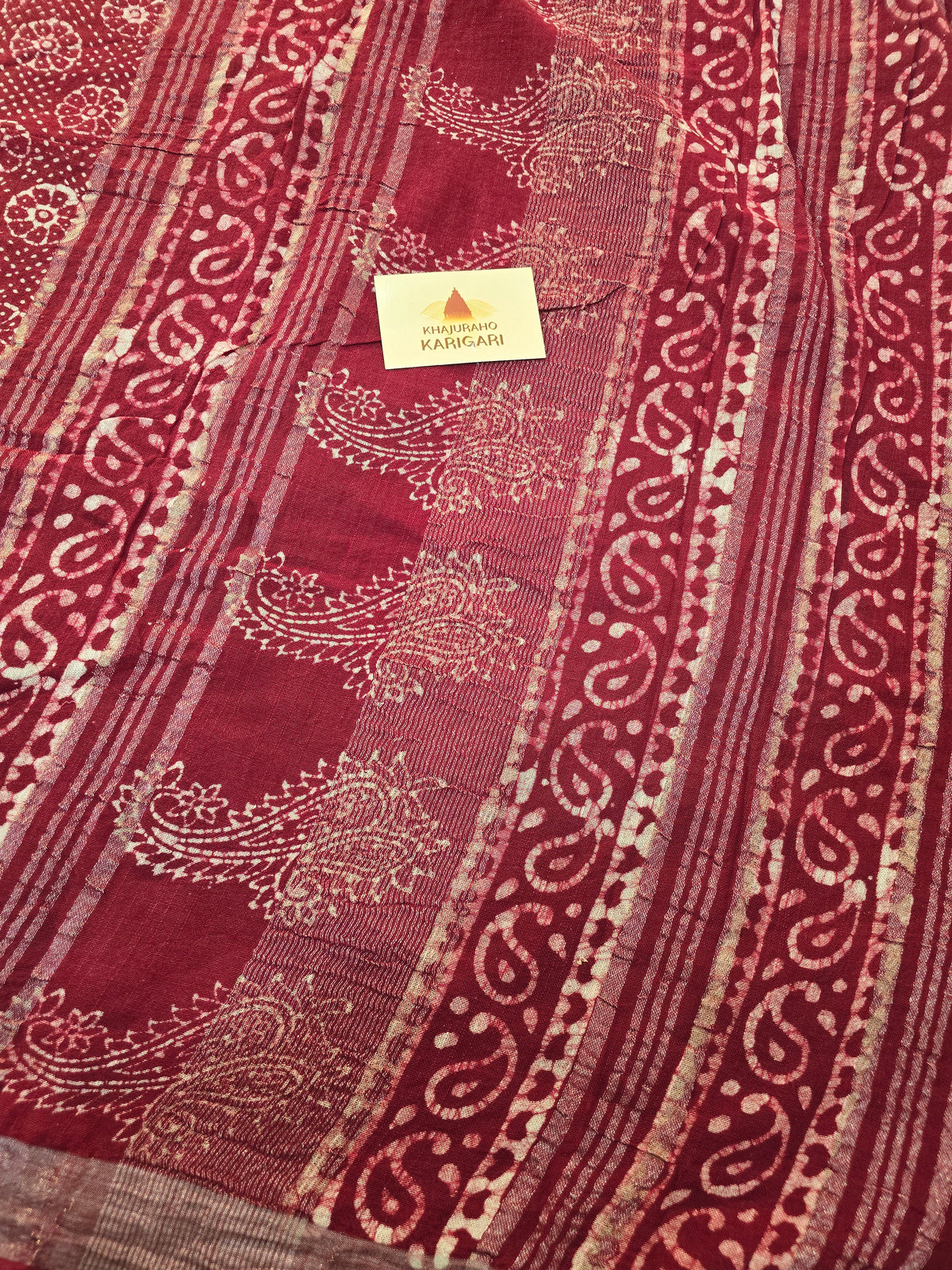 Handcrafted Linen Saree with Hand Block Hot Wax Batik - Maroon