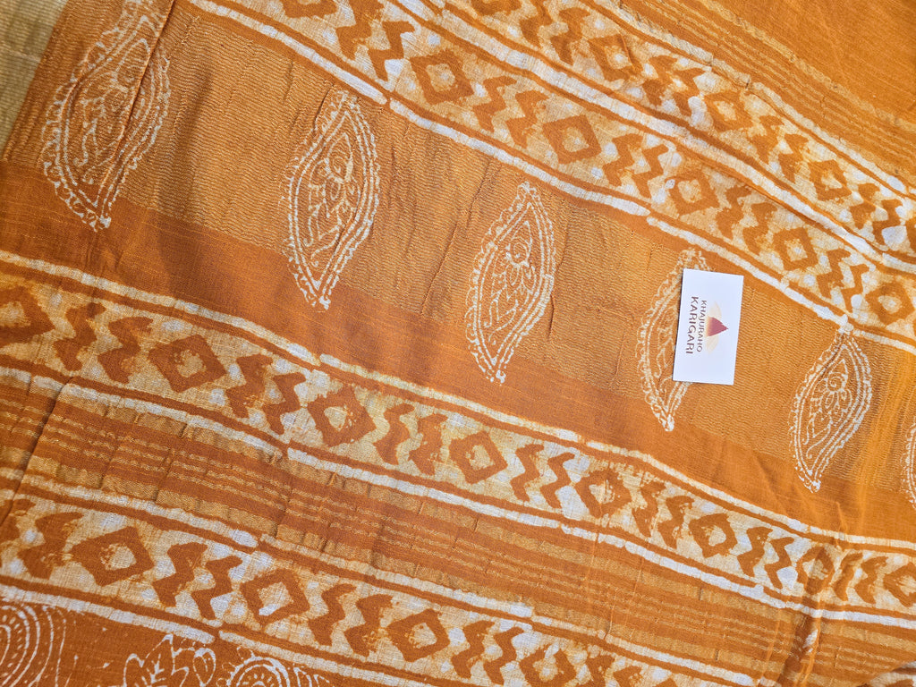 Handcrafted Linen Saree with Hand Block Hot Wax Batik - Mustard Yellow