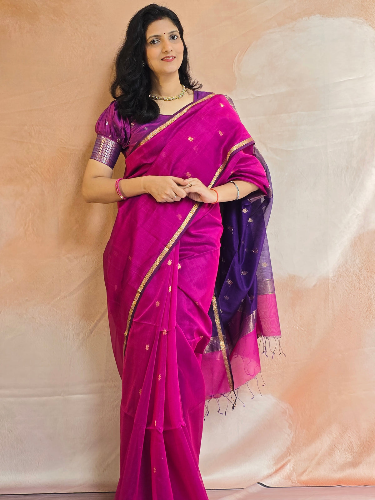 Pure Handwoven Star Boota Maheshwari Saree - Pink and Purple