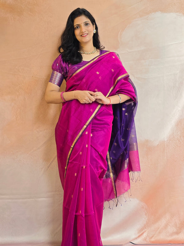 Pure Handwoven Star Boota Maheshwari Saree - Pink and Purple