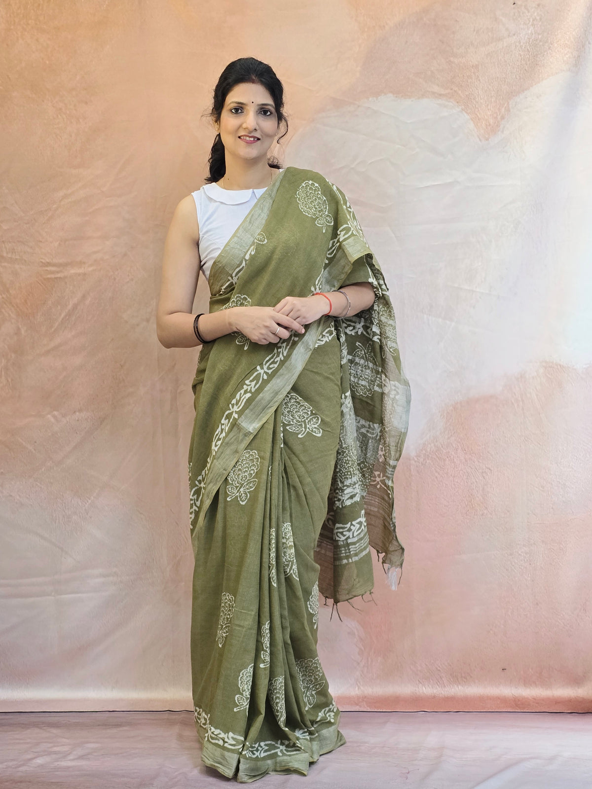 Handcrafted Linen Saree with Hand Block Hot Wax Batik - Sage Green