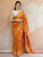 Handcrafted Linen Saree with Hand Block Hot Wax Batik - Mustard Yellow