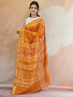 Handcrafted Linen Saree with Hand Block Hot Wax Batik - Mustard Yellow