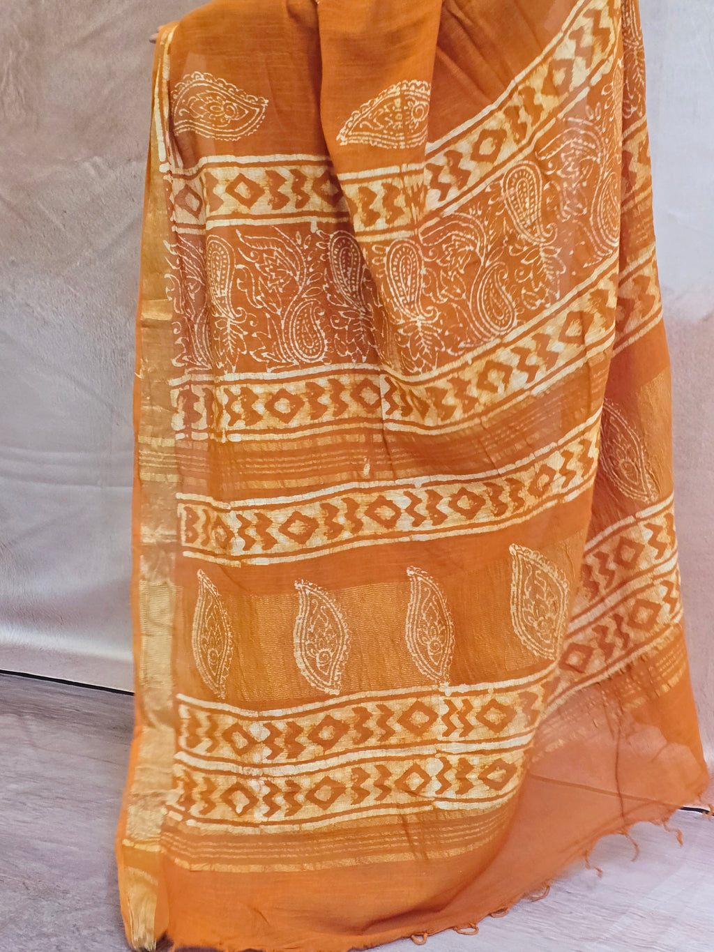 Handcrafted Linen Saree with Hand Block Hot Wax Batik - Mustard Yellow