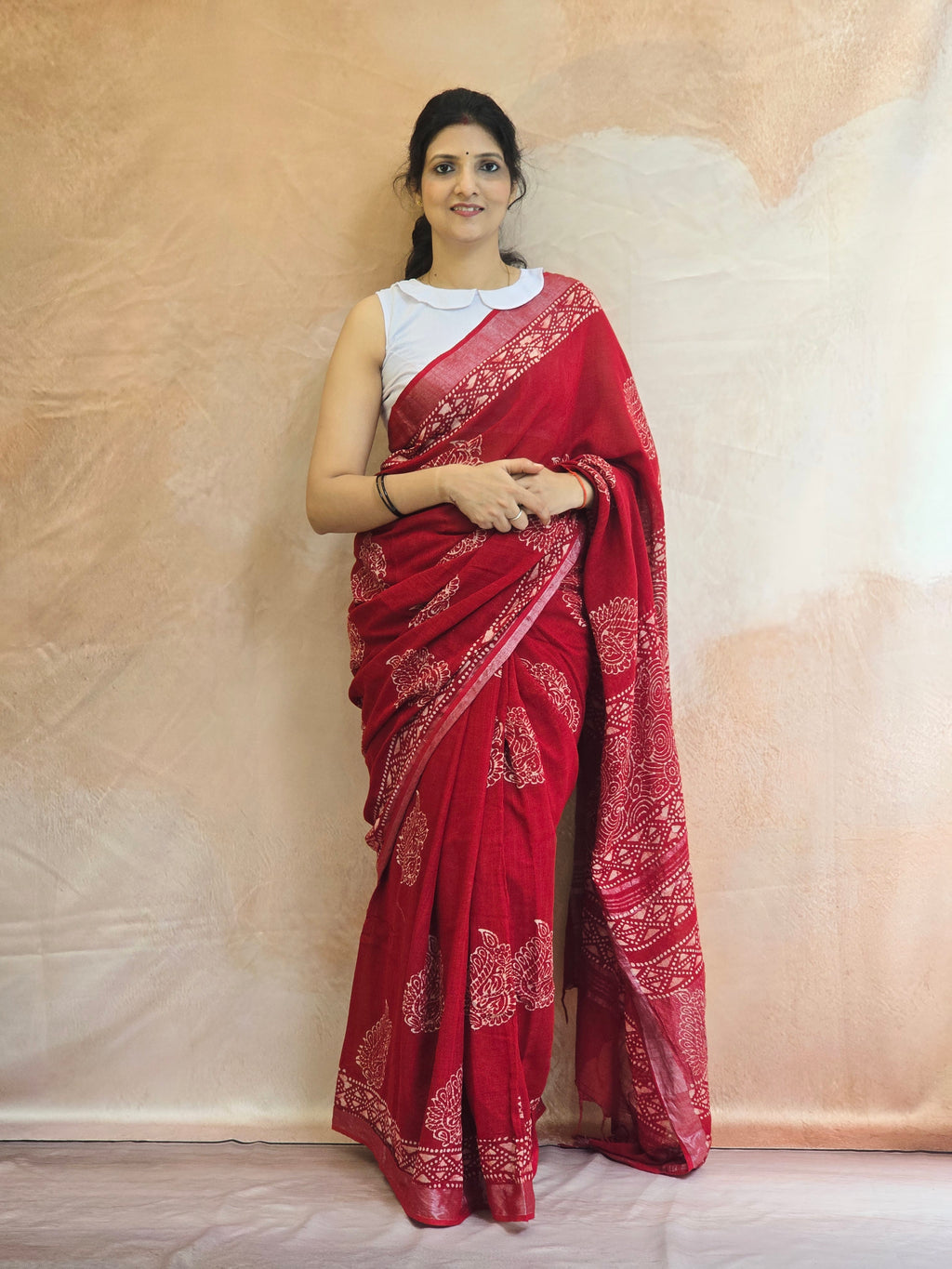 Handcrafted Linen Saree with Hand Block Hot Wax Batik - Red