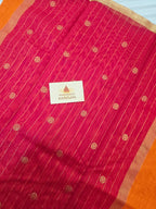 Pure Handwoven Chanderi Small Motifs Narrow Zari Border - Orange Pink