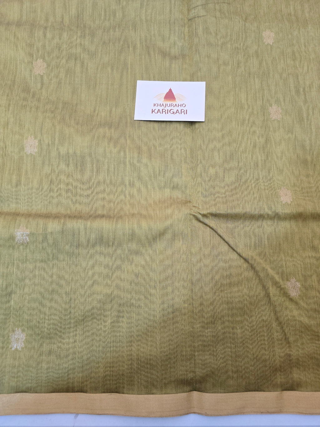 Pure Handwoven Chanderi Small Motifs Narrow Zari Border - Antique Gold
