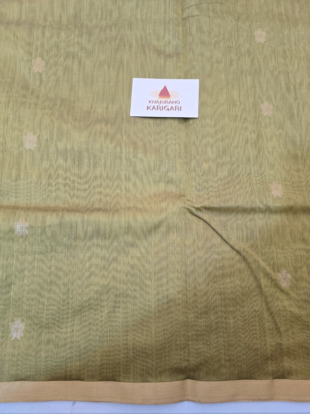 Pure Handwoven Chanderi Small Motifs Narrow Zari Border - Antique Gold