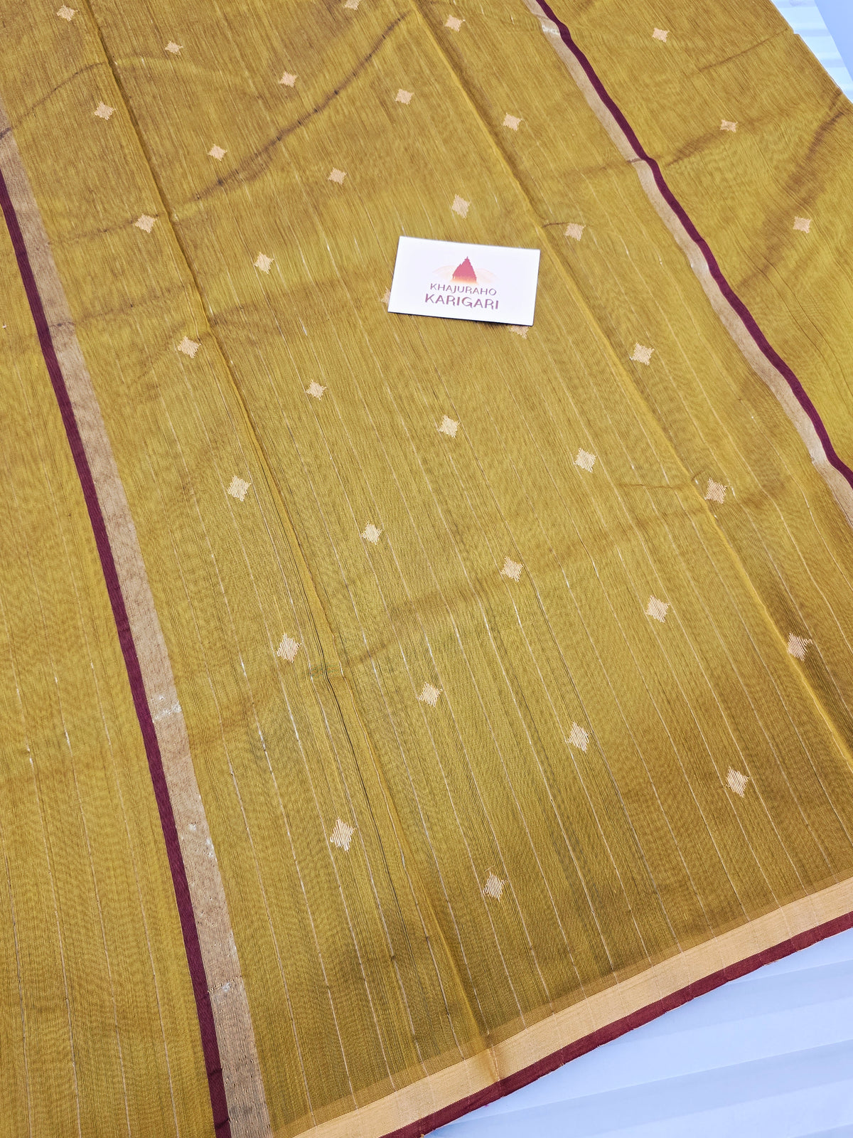 Pure Handwoven Chanderi Small Motifs Narrow Zari Border - Earthy Mustard