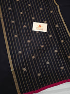 Pure Handwoven Chanderi Small Motifs Narrow Zari Border - Black