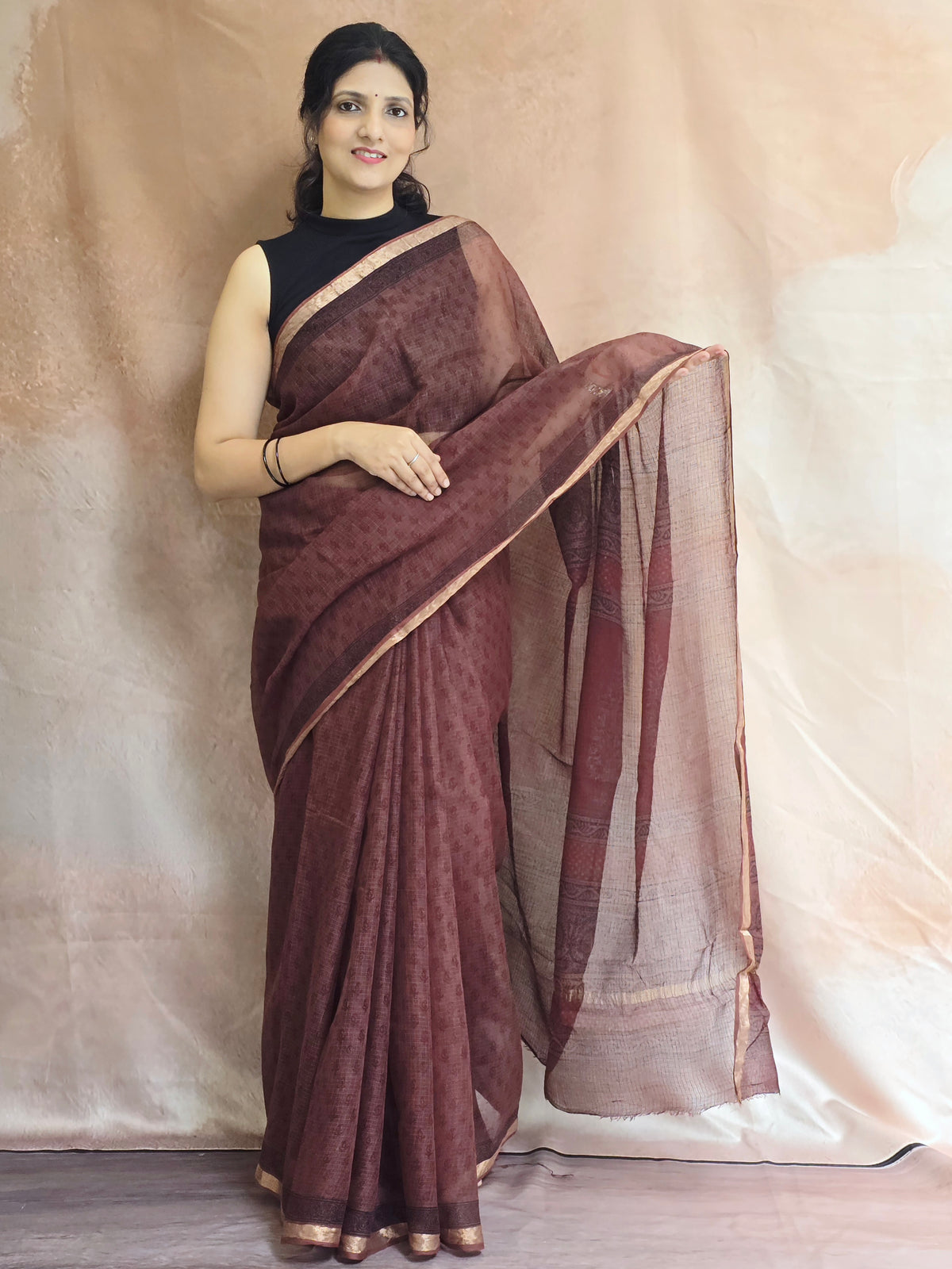 BAGH Handblock Printed Kota Doria Saree Maroon