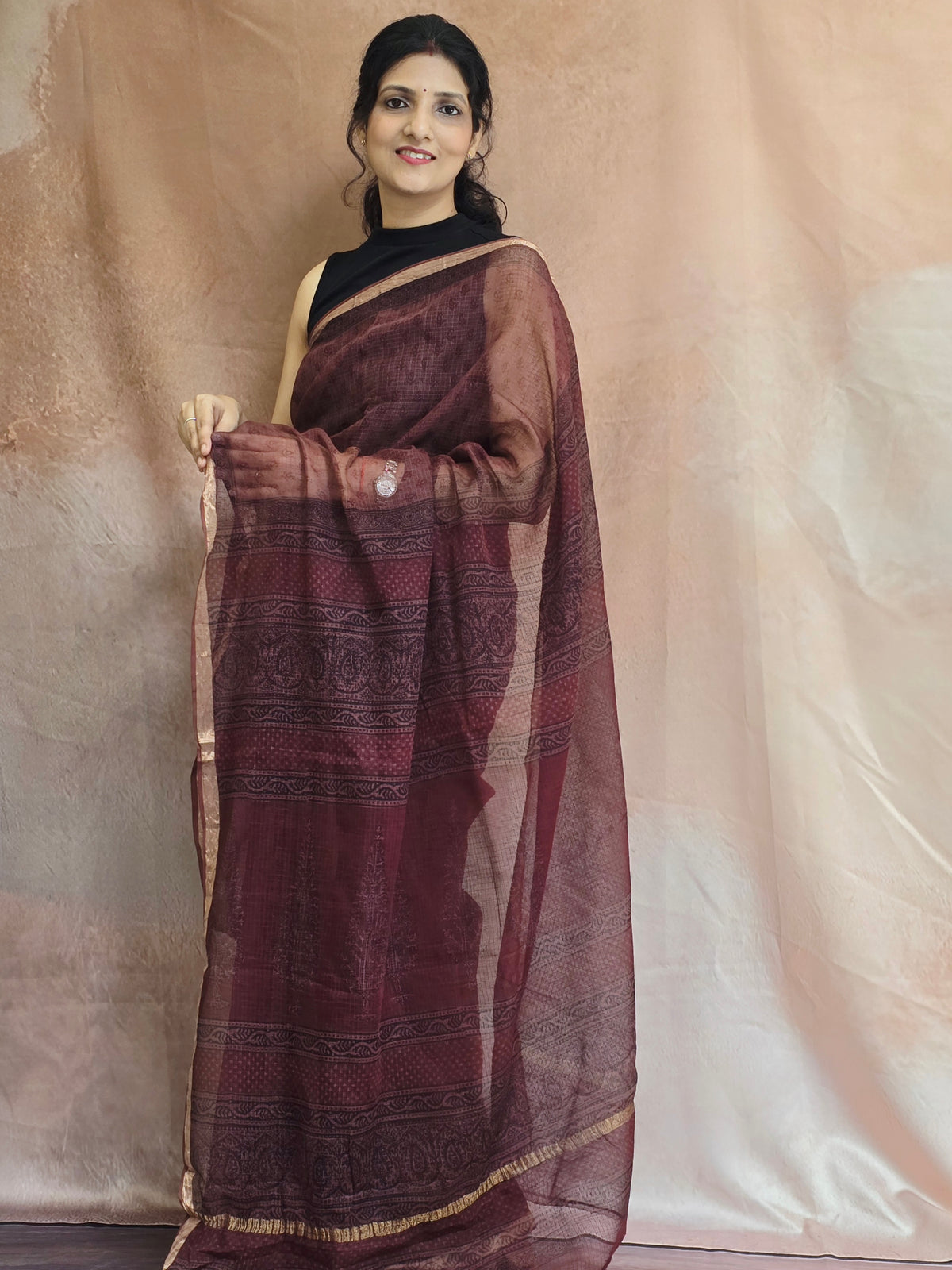 BAGH Handblock Printed Kota Doria Saree Maroon