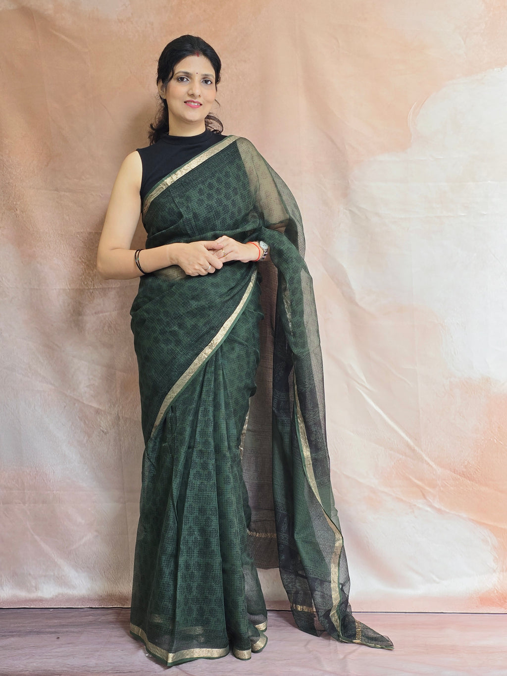 Bagh Handblock Printed Kota Doria Saree- Green