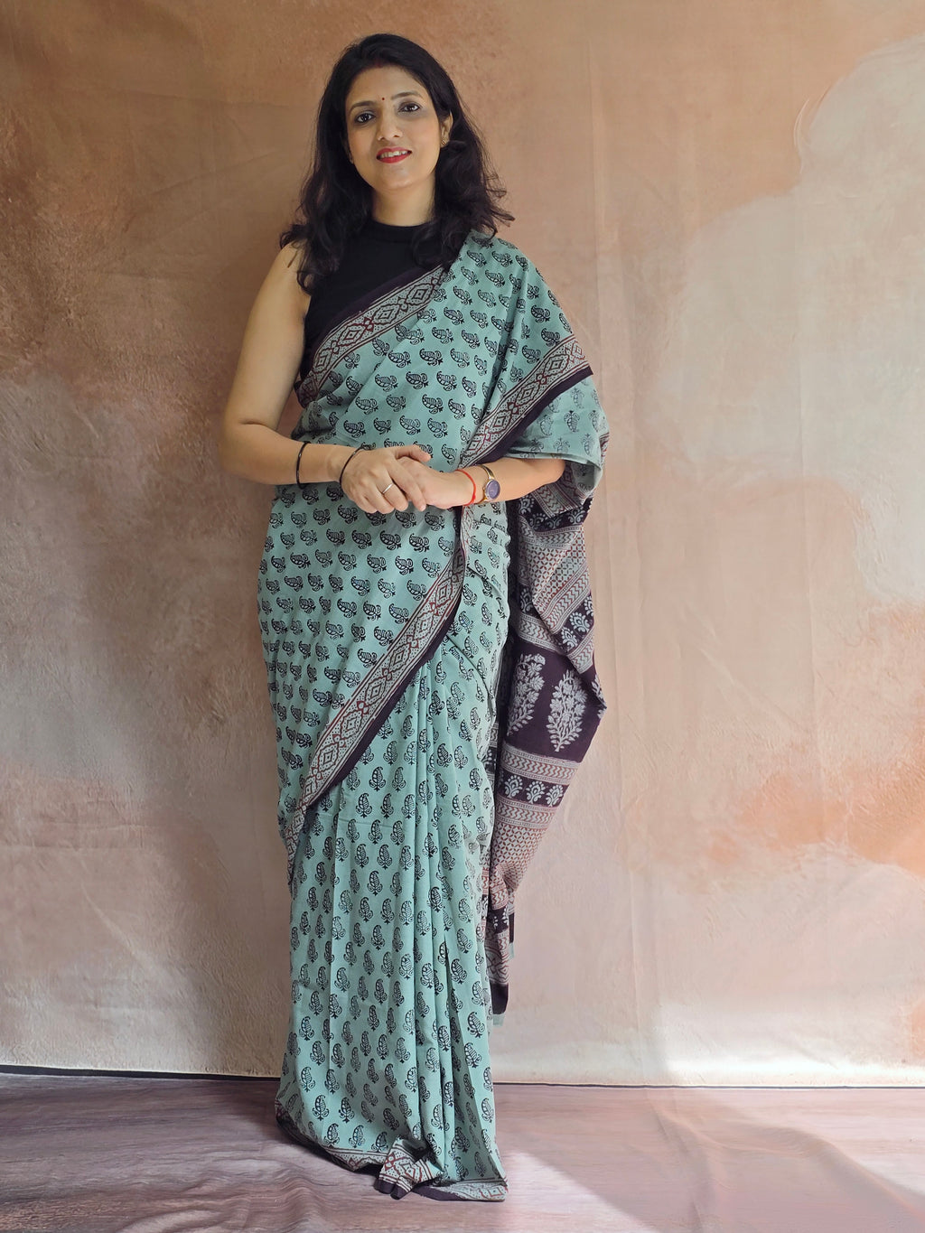 Bagh Hand Block Print Mul Cotton Saree – Powder Blue and Maroon