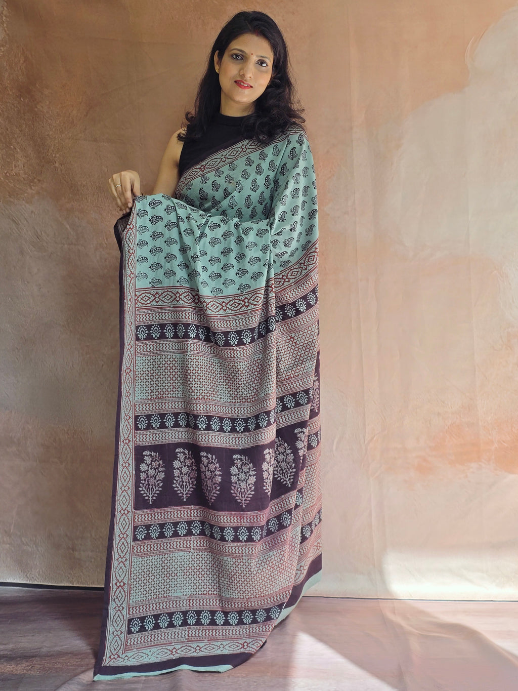 Bagh Hand Block Print Mul Cotton Saree – Powder Blue and Maroon