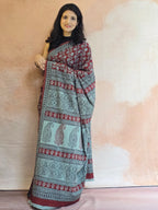Bagh Hand Block Printed Mul Cotton Saree | Red & Powdered Blue Floral