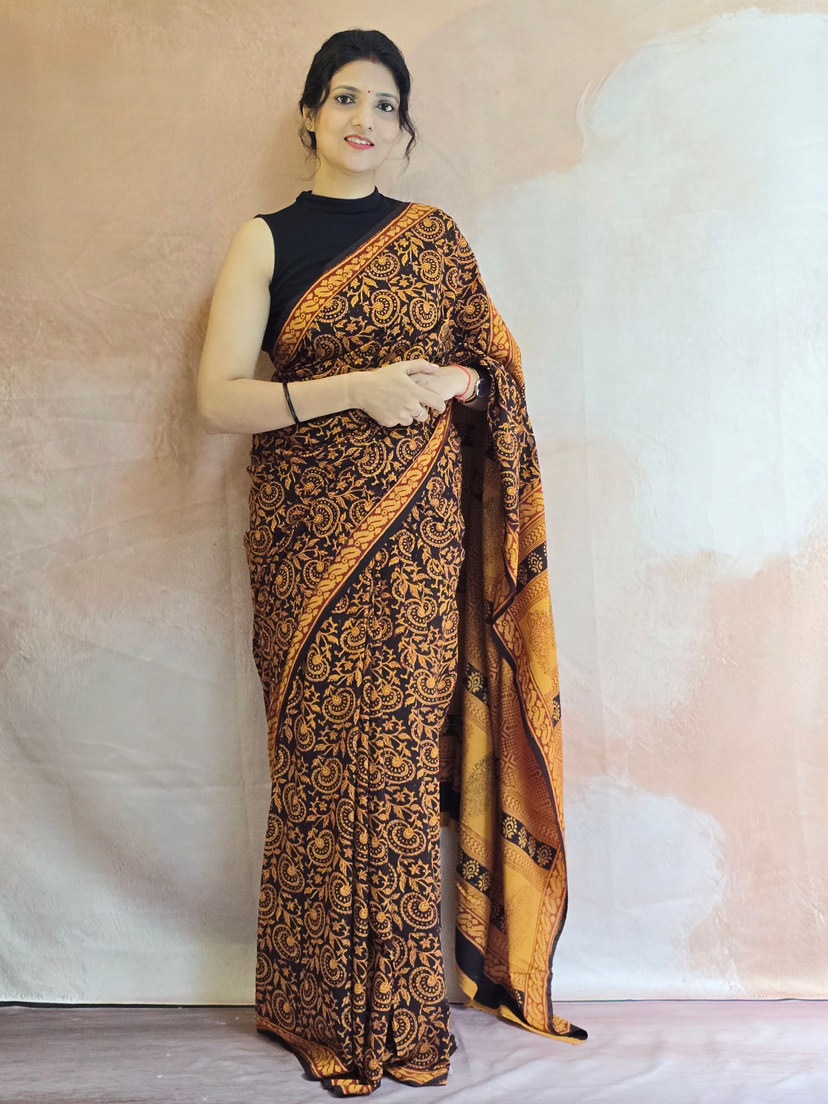 Bagh cotton Bagh Hand Block Print Mul Cotton Saree – Black and Yellow Floral