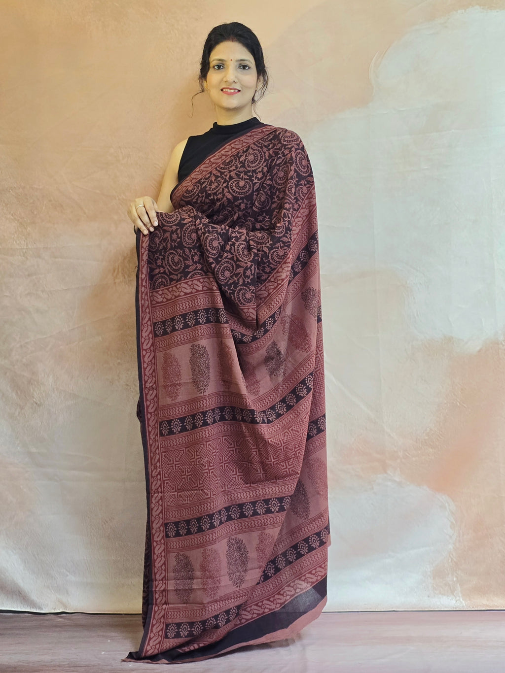 Bagh Hand Block Print Mul Cotton Saree in Black with Rust Floral Jaal Motifs