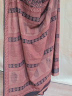 Bagh Hand Block Print Mul Cotton Saree in Black with Rust Floral Jaal Motifs