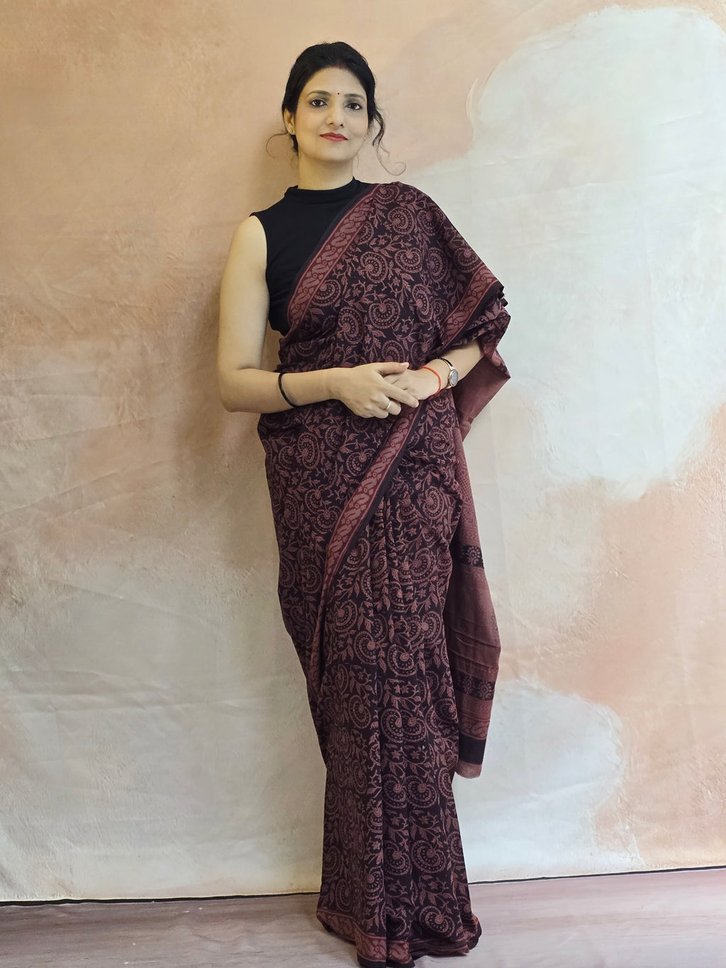Bagh Hand Block Print Mul Cotton Saree in Black with Rust Floral Jaal Motifs