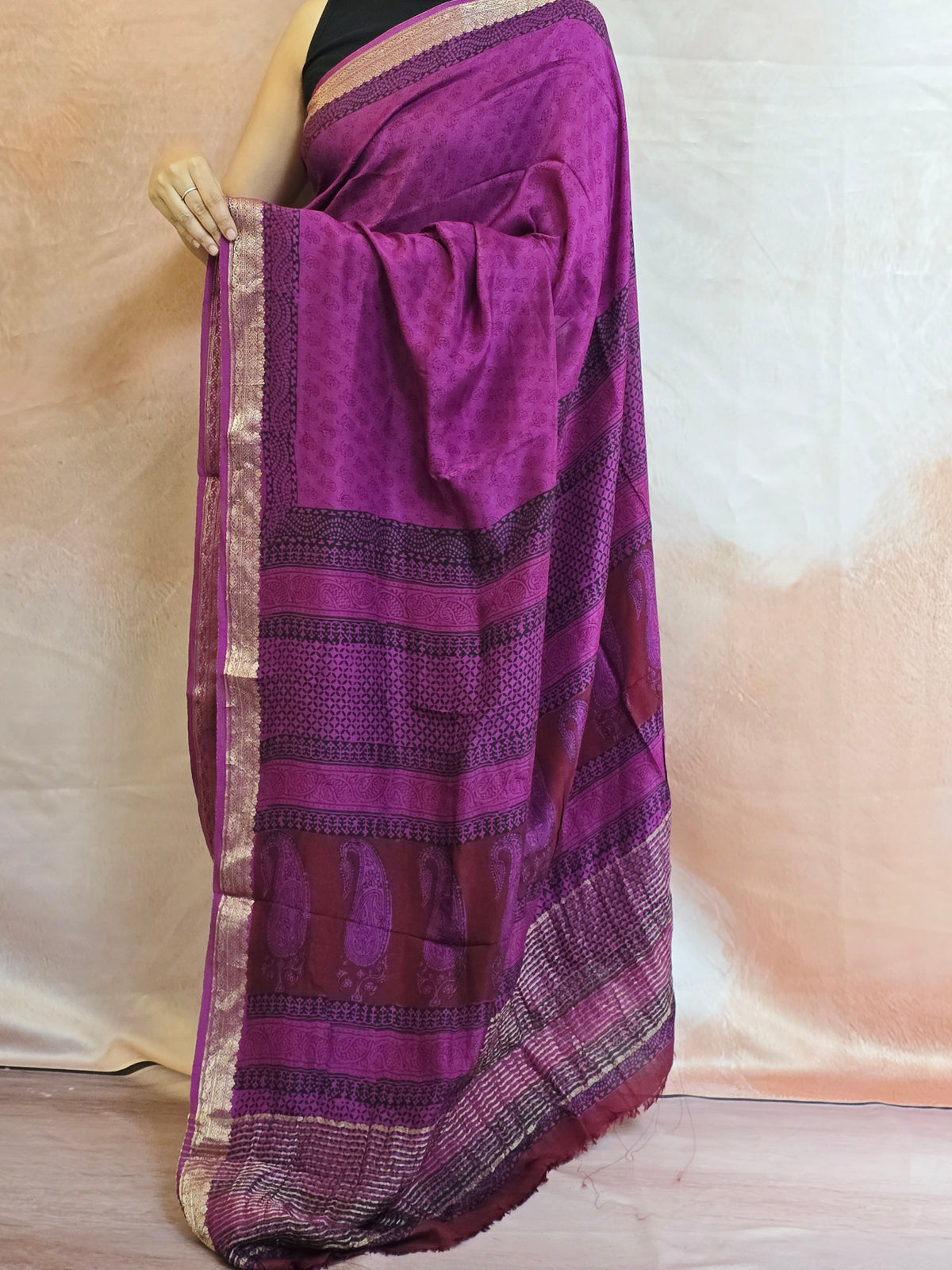 Natural Dyed Bagh Handblock Printed Dola Silk Saree - Purple
