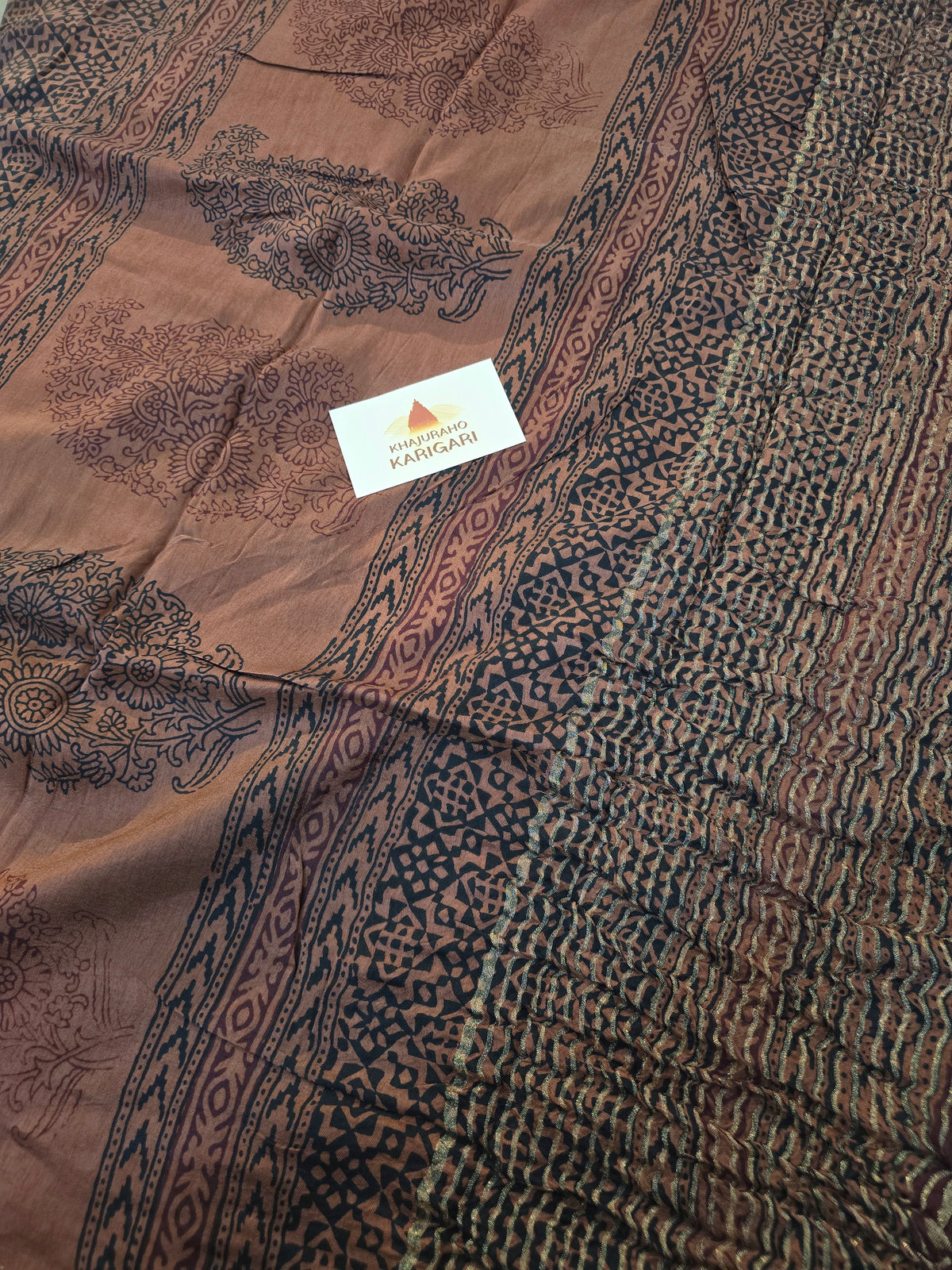 Natural Dyed Bagh Handblock Printed Dola Silk Saree - Rust Brown