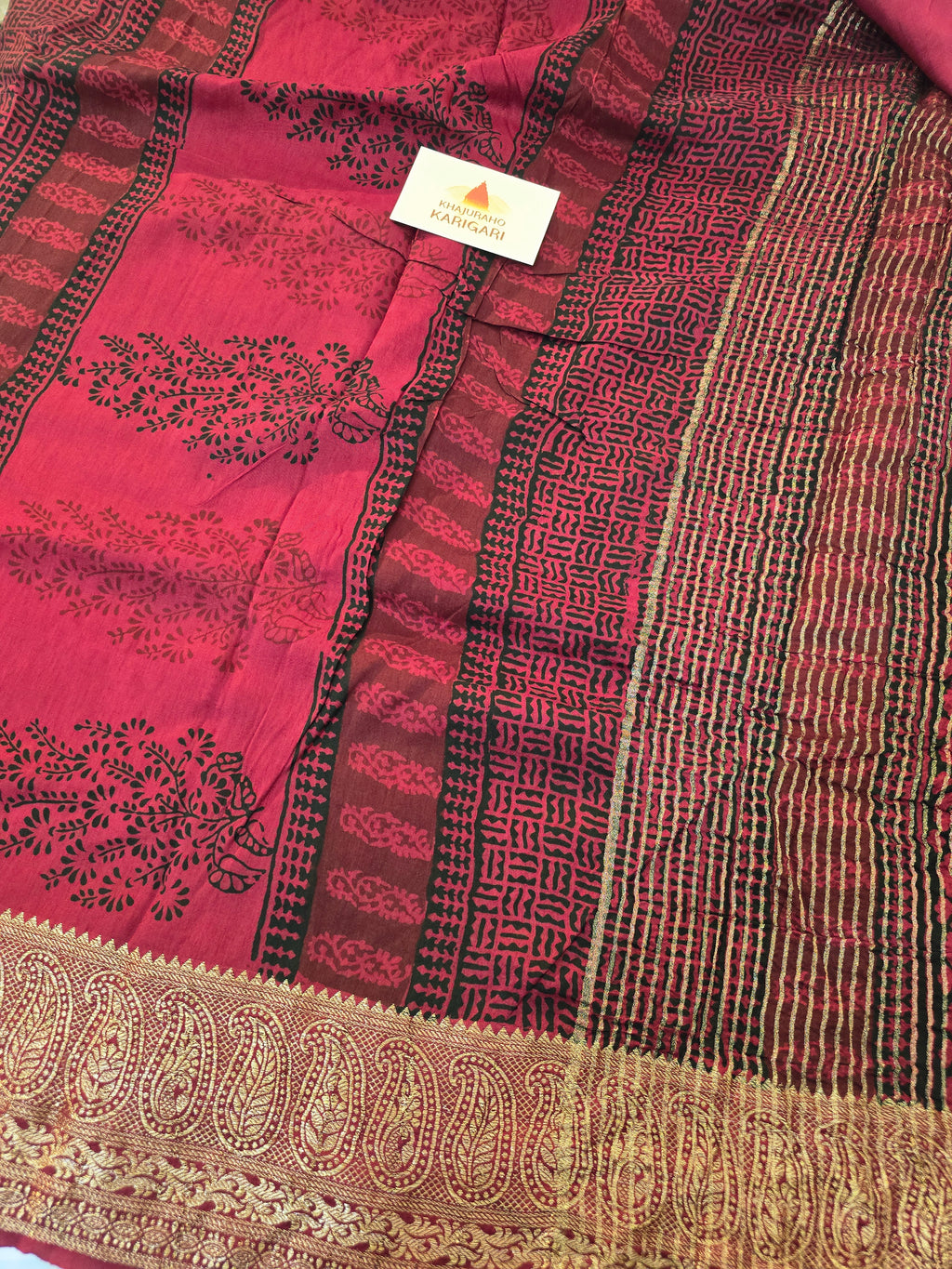 Natural Dyed Bagh Handblock Printed Dola Silk Saree - Red