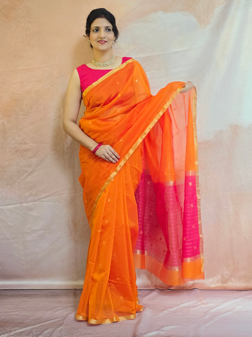 Pure Handwoven Chanderi Small Motifs Narrow Zari Border - Orange Pink