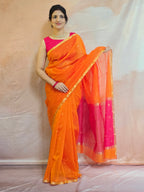 Pure Handwoven Chanderi Small Motifs Narrow Zari Border - Orange Pink