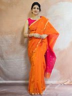 Pure Handwoven Chanderi Small Motifs Narrow Zari Border - Orange Pink