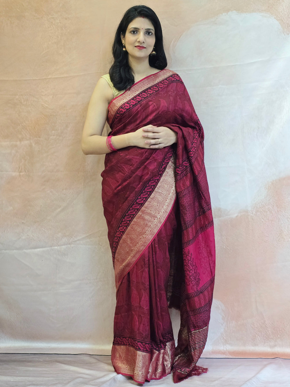 Natural Dyed Bagh Handblock Printed Dola Silk Saree - Red