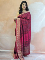 Natural Dyed Bagh Handblock Printed Dola Silk Saree - Red