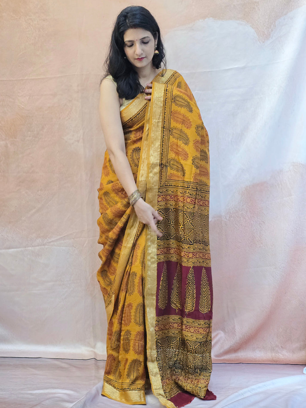 Natural Dyed Bagh Handblock Printed Dola Silk Saree - Mustard Yellow