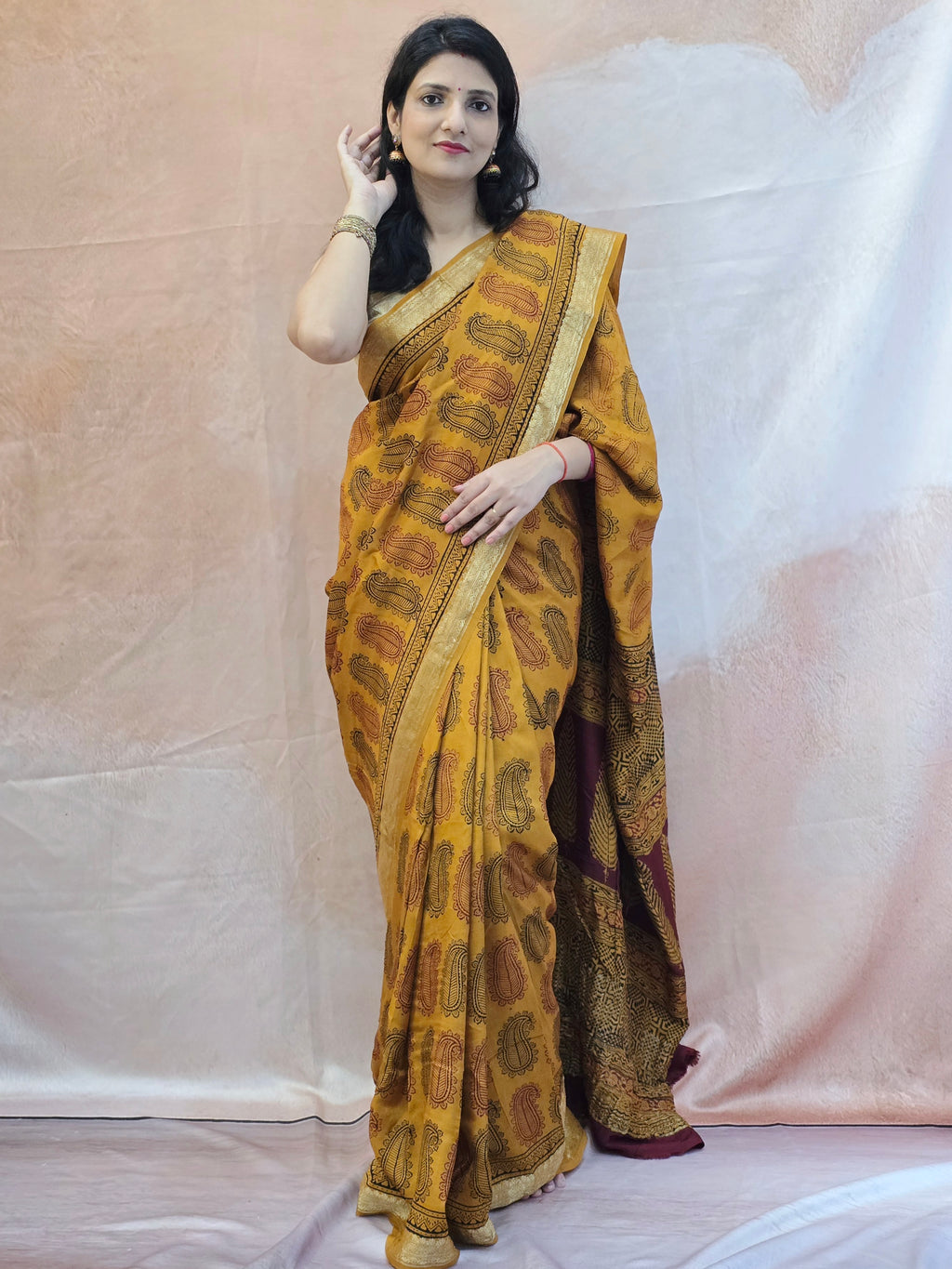 Natural Dyed Bagh Handblock Printed Dola Silk Saree - Mustard Yellow
