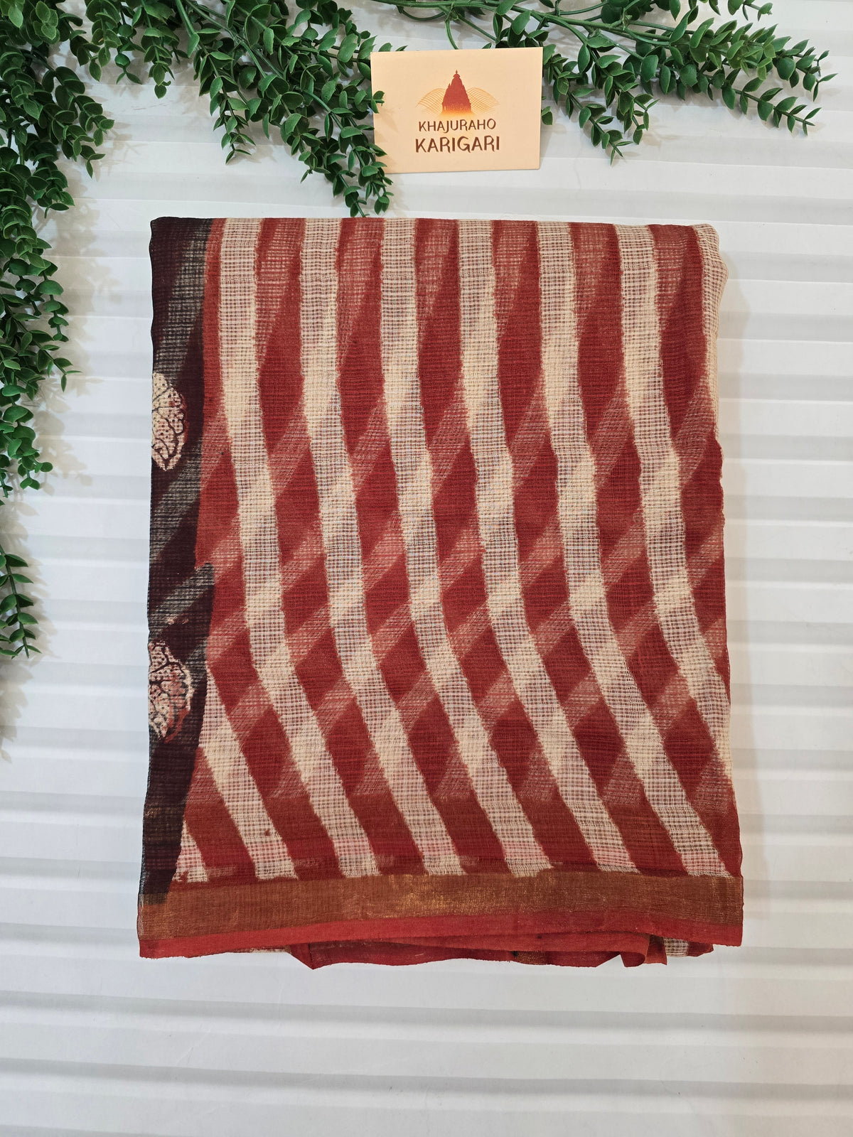 Handblock Printed Kota Doria Saree- Rust Stripe
