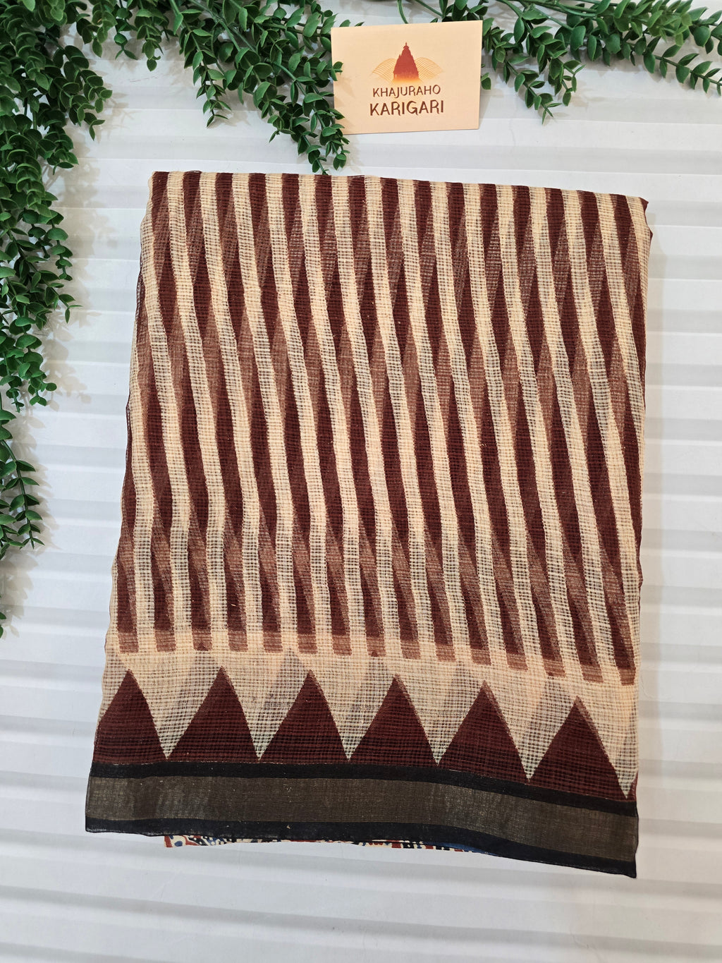 Handblock Printed Kota Doria Saree- Ajrakh Stripe