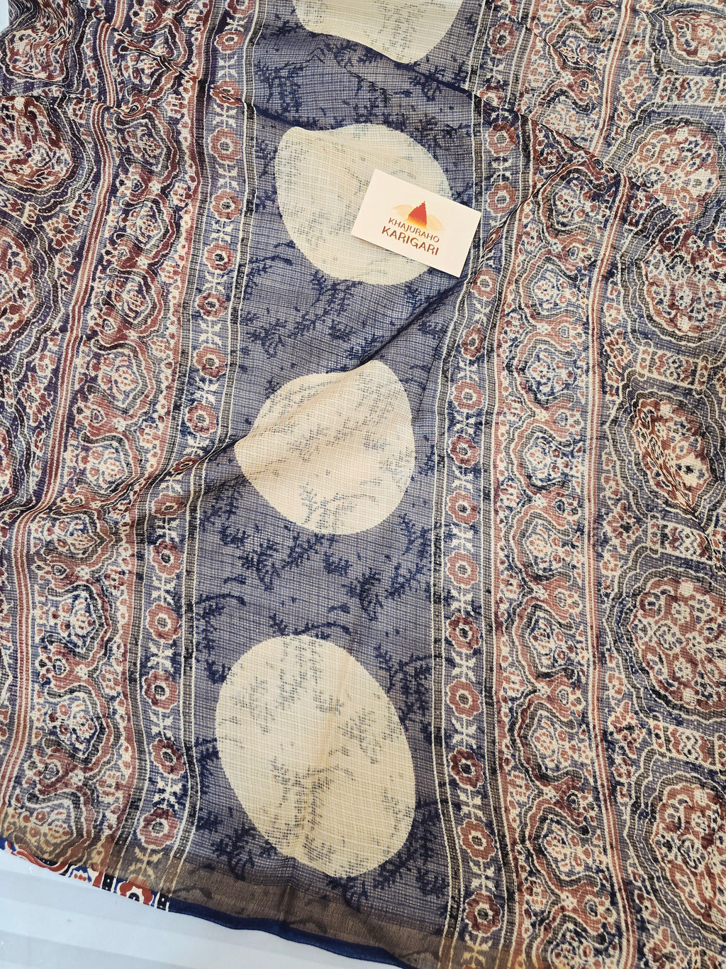 Handblock Printed Kota Doria Saree- Ajrakh Stripe